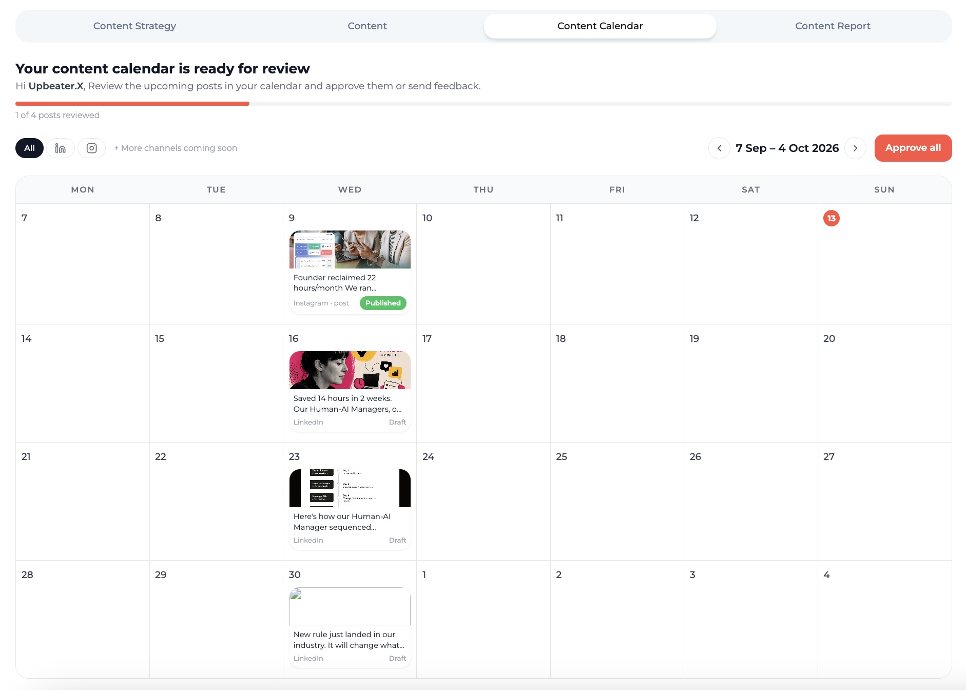 The full content calendar with posts placed on their scheduled dates