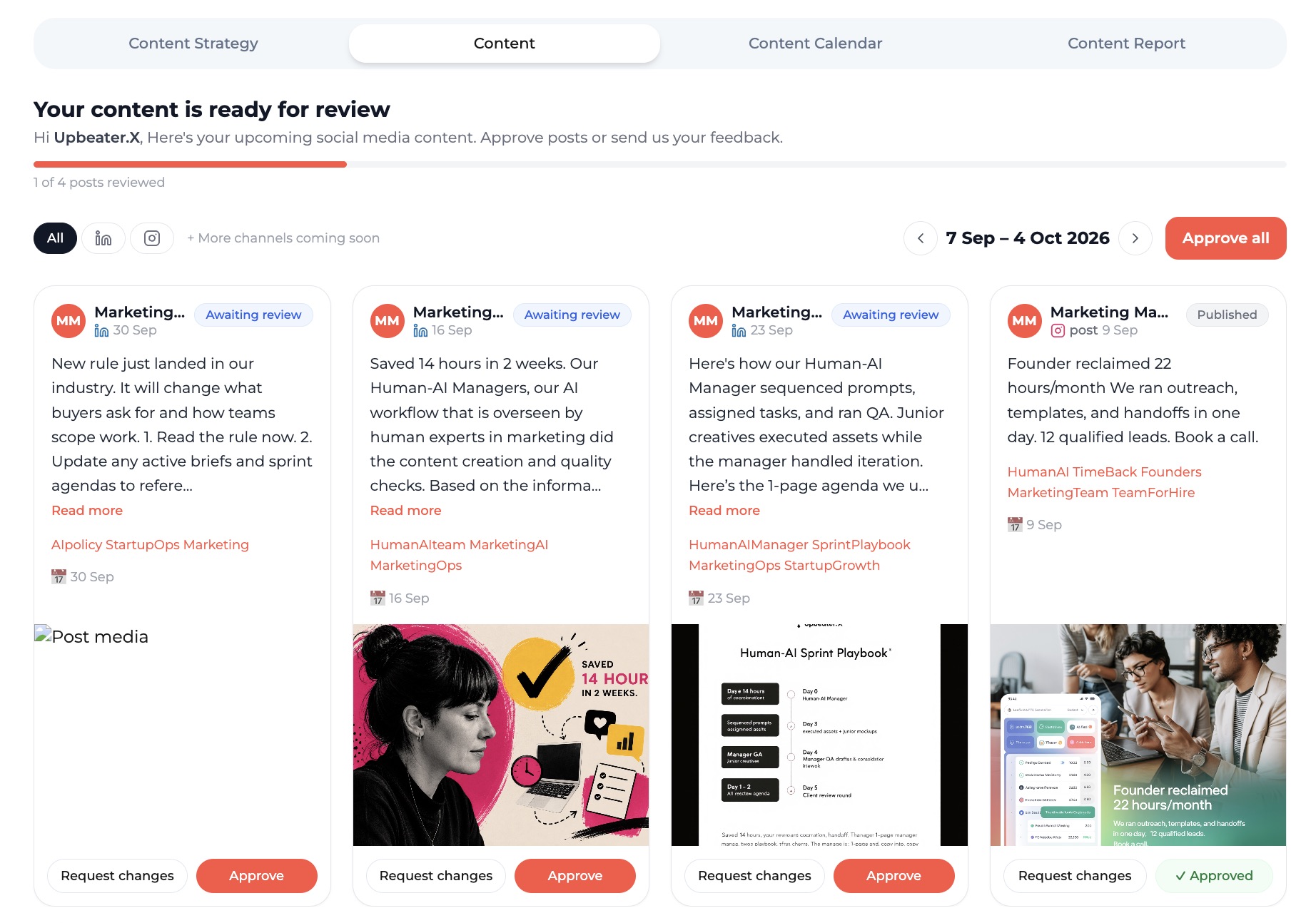 The full Marketing Maggie content tab, showing posts awaiting review