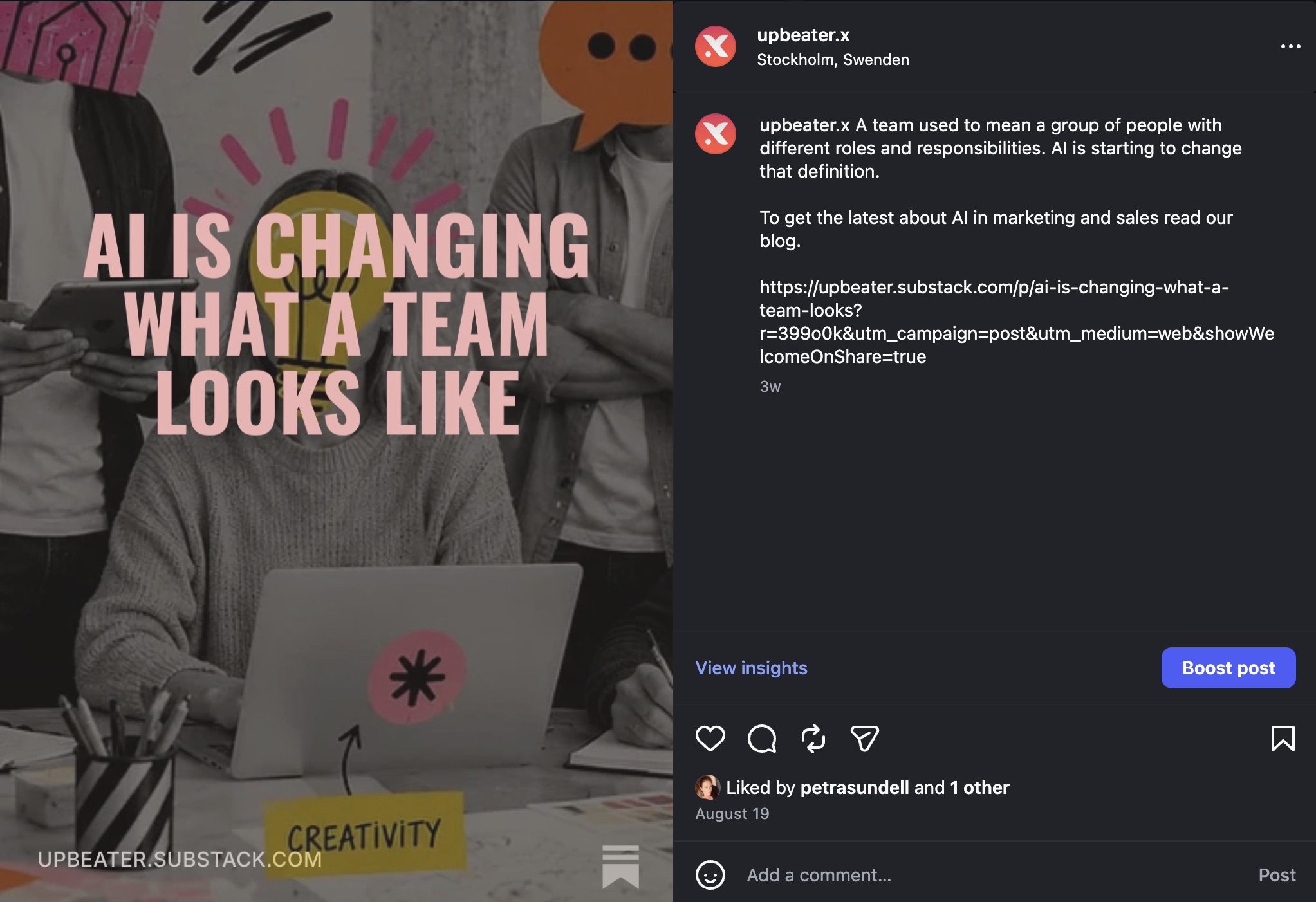 A real, published upbeater.x post live on Instagram