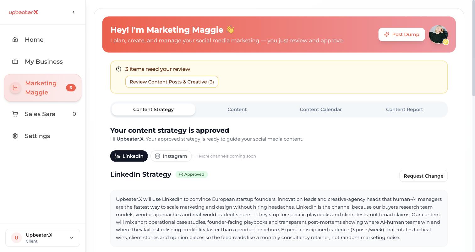 Marketing Maggie's approved LinkedIn content strategy in the client portal