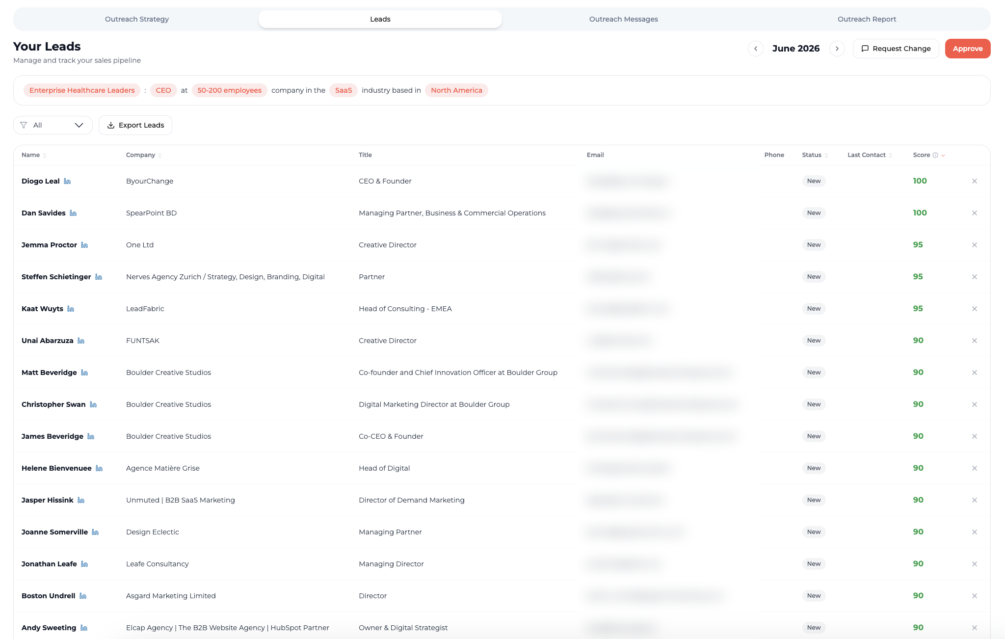 Sales Sara's scored lead list in the Upbeater portal