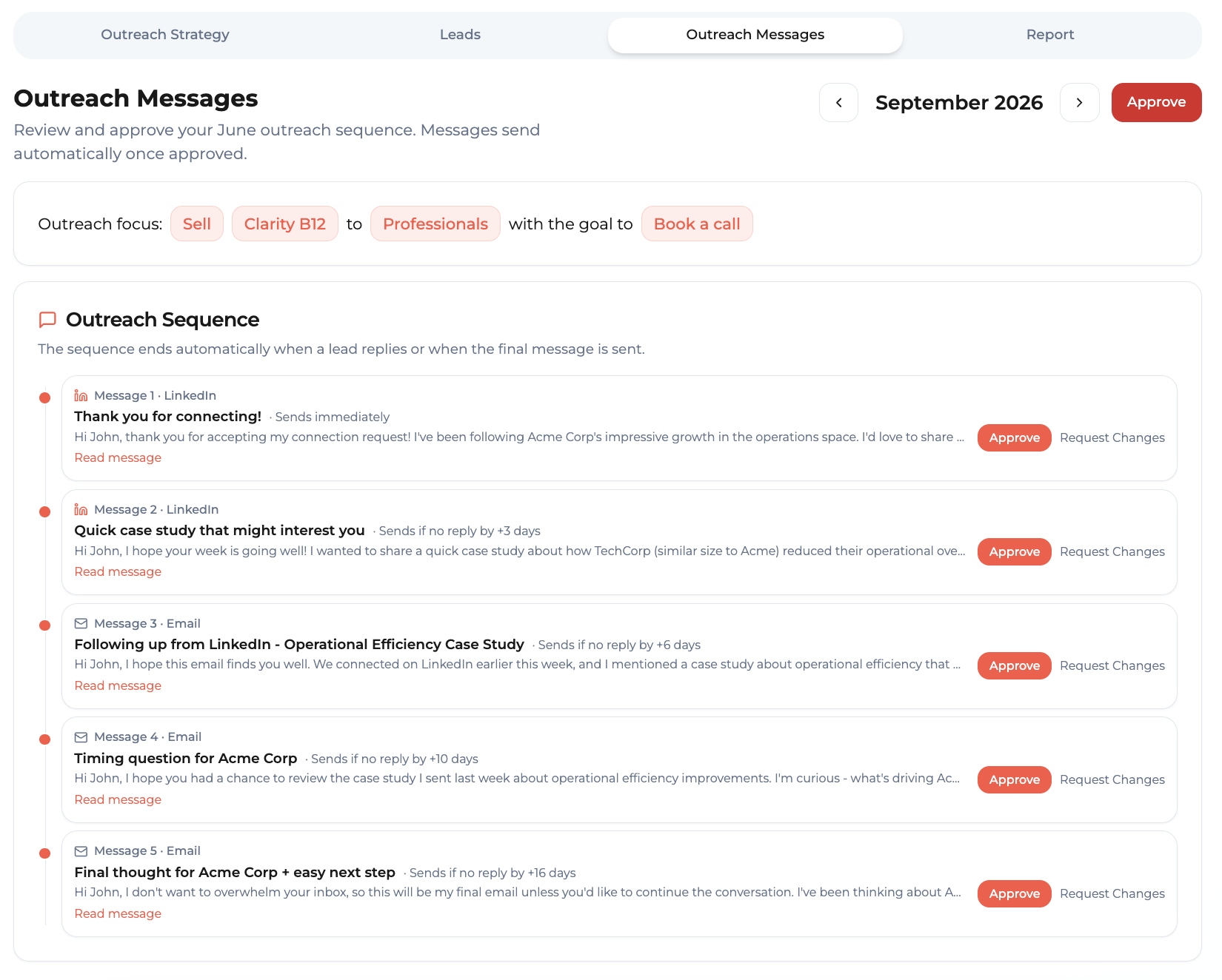 Sales Sara's outreach sequence awaiting approval in the Upbeater portal