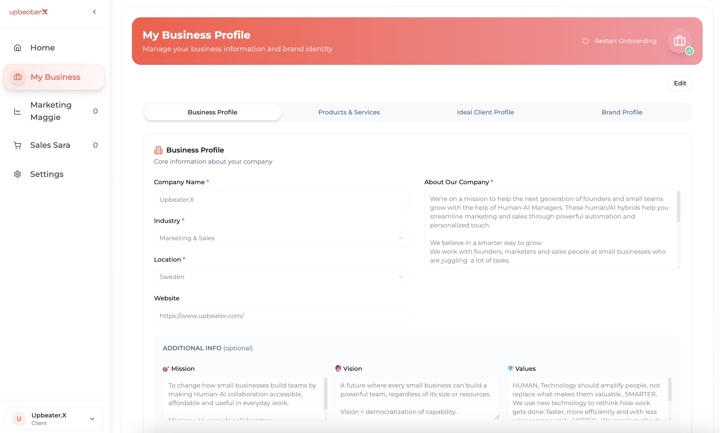 The outreach profile setup screen in the Upbeater portal
