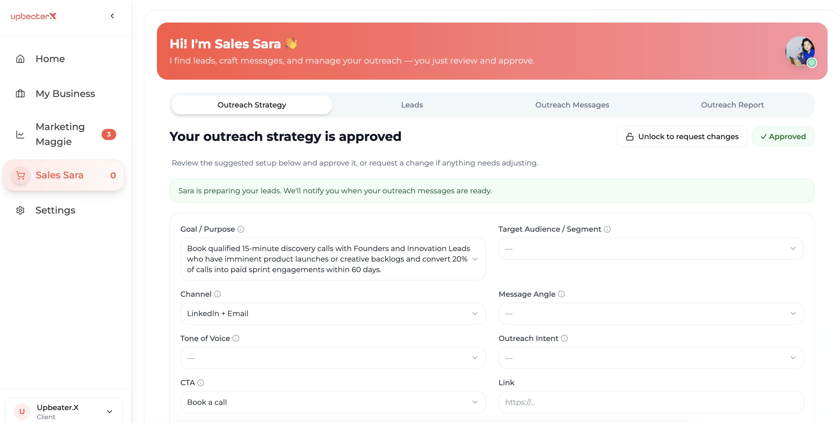 An approved outreach strategy in the Upbeater portal